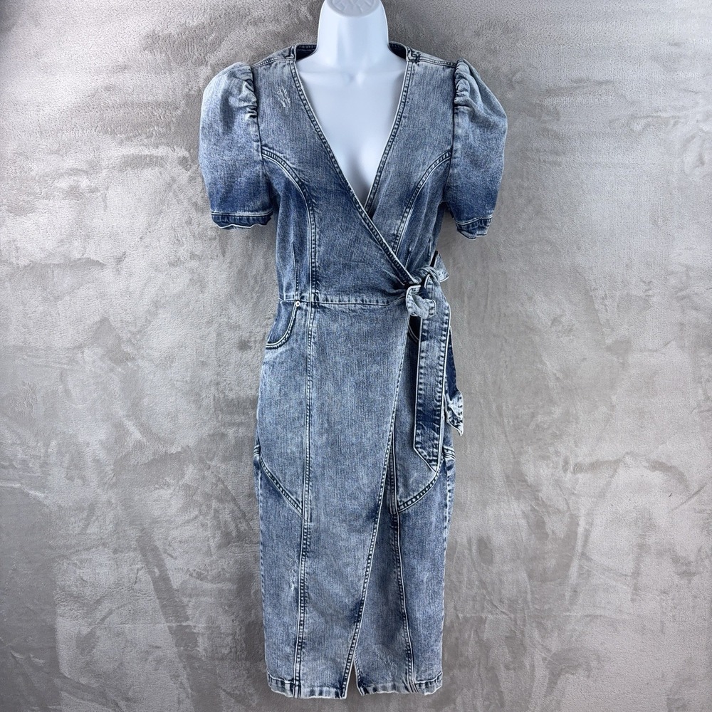 Retrofete Zelda Wrap Dress Womens Size Small‎ Blue Denim Puff Sleeve Wrap